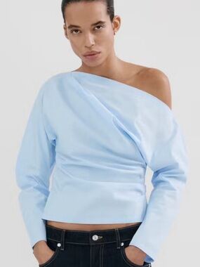 Mango Cotton Off-Shoulder Light Blue Top